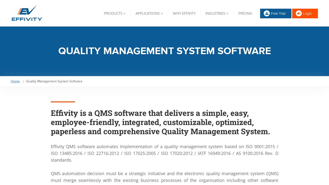 Effivity QMS Software Landing page