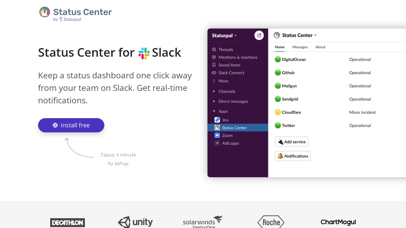 Status Center for Slack Landing page