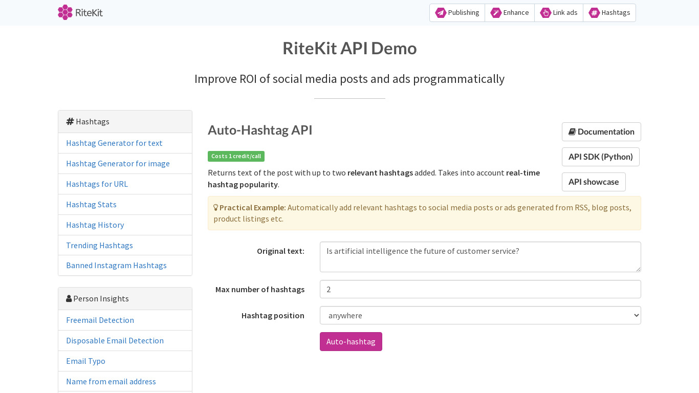 Auto-Hashtag API Landing page