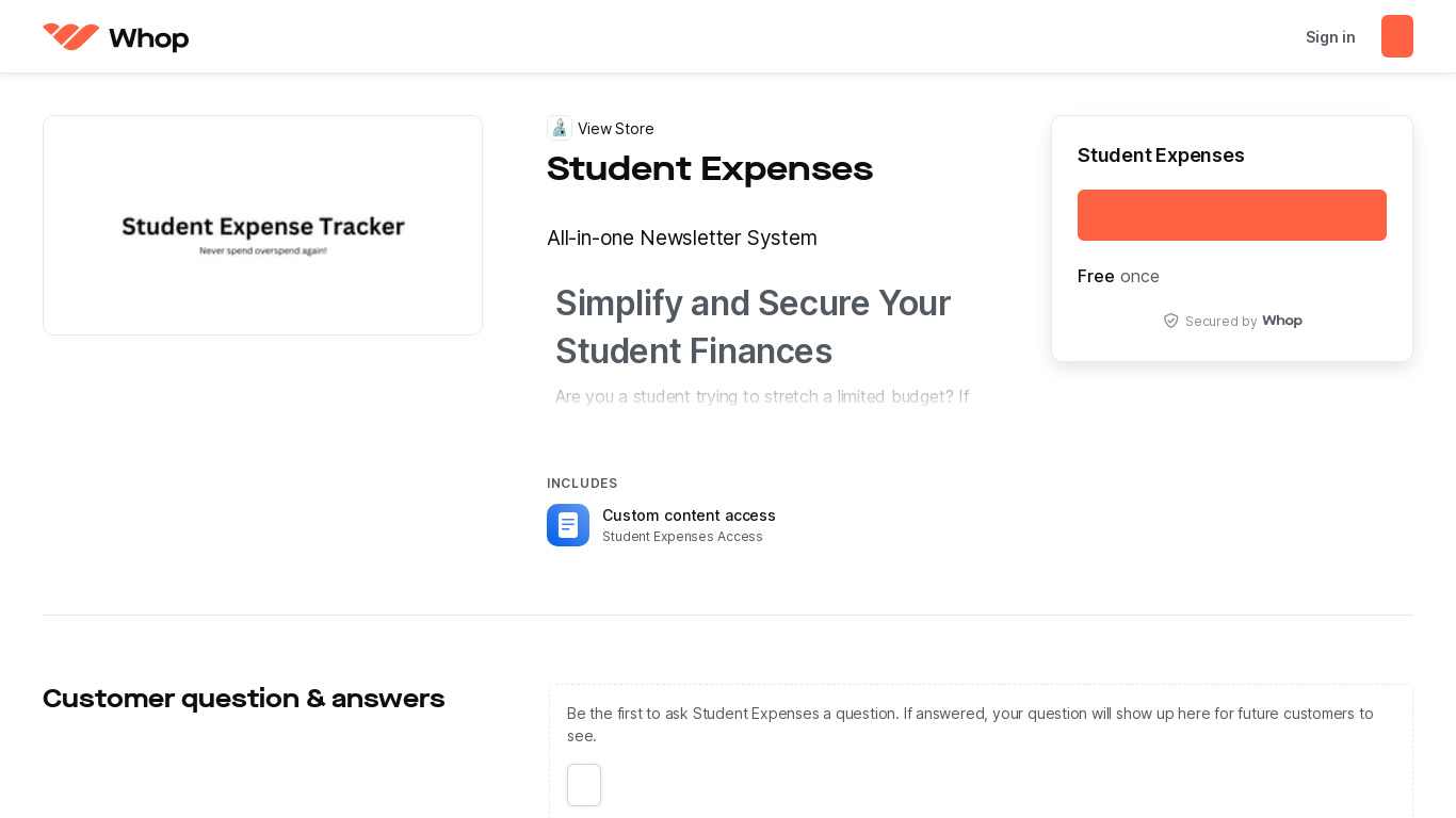 Whop Student Expense Tracker Landing page