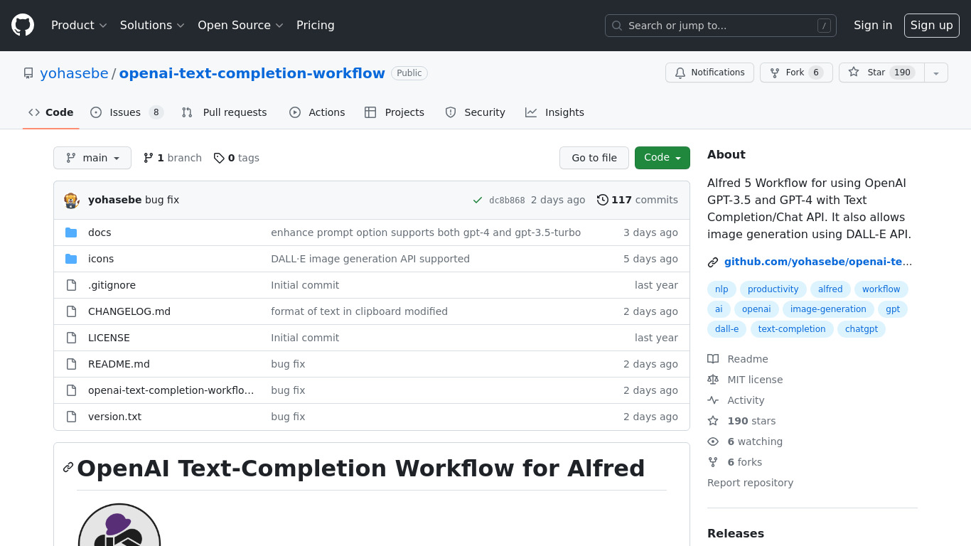 OpenAI for Alfred Landing page