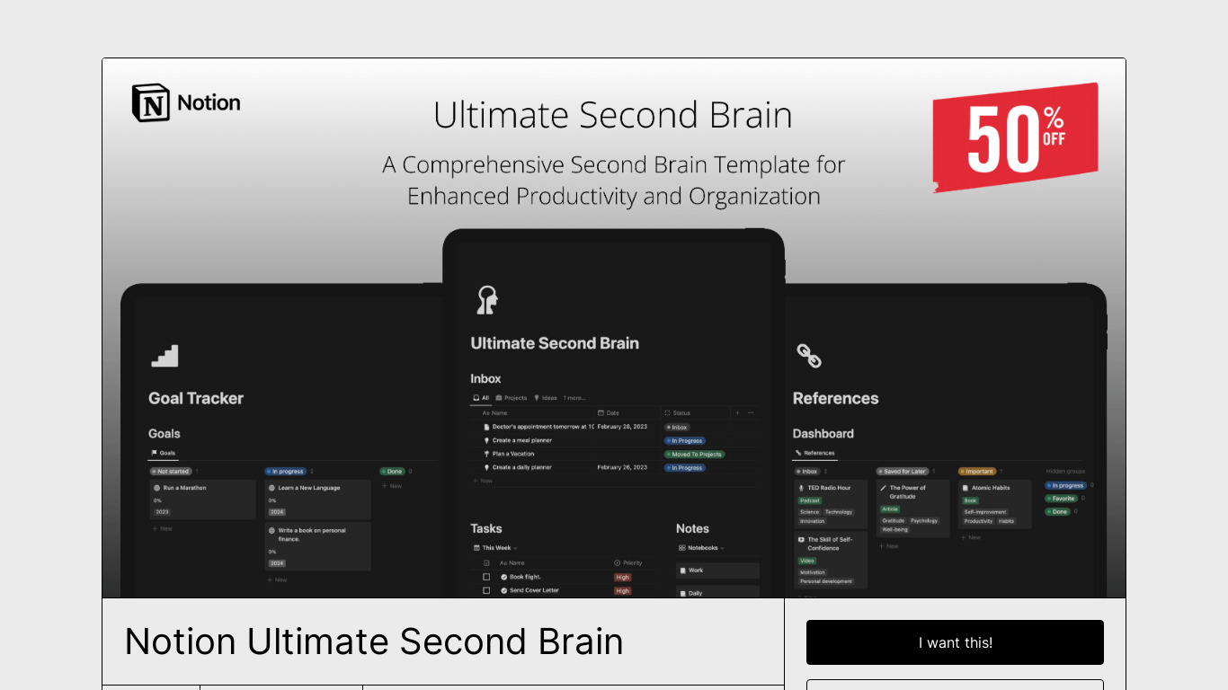 Notion Ultimate Second Brain Landing page