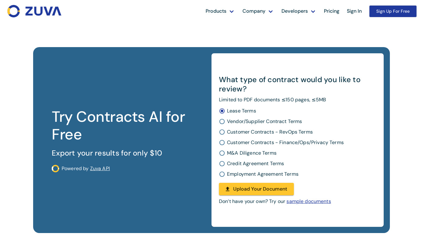 Zuva Contracts AI Landing page