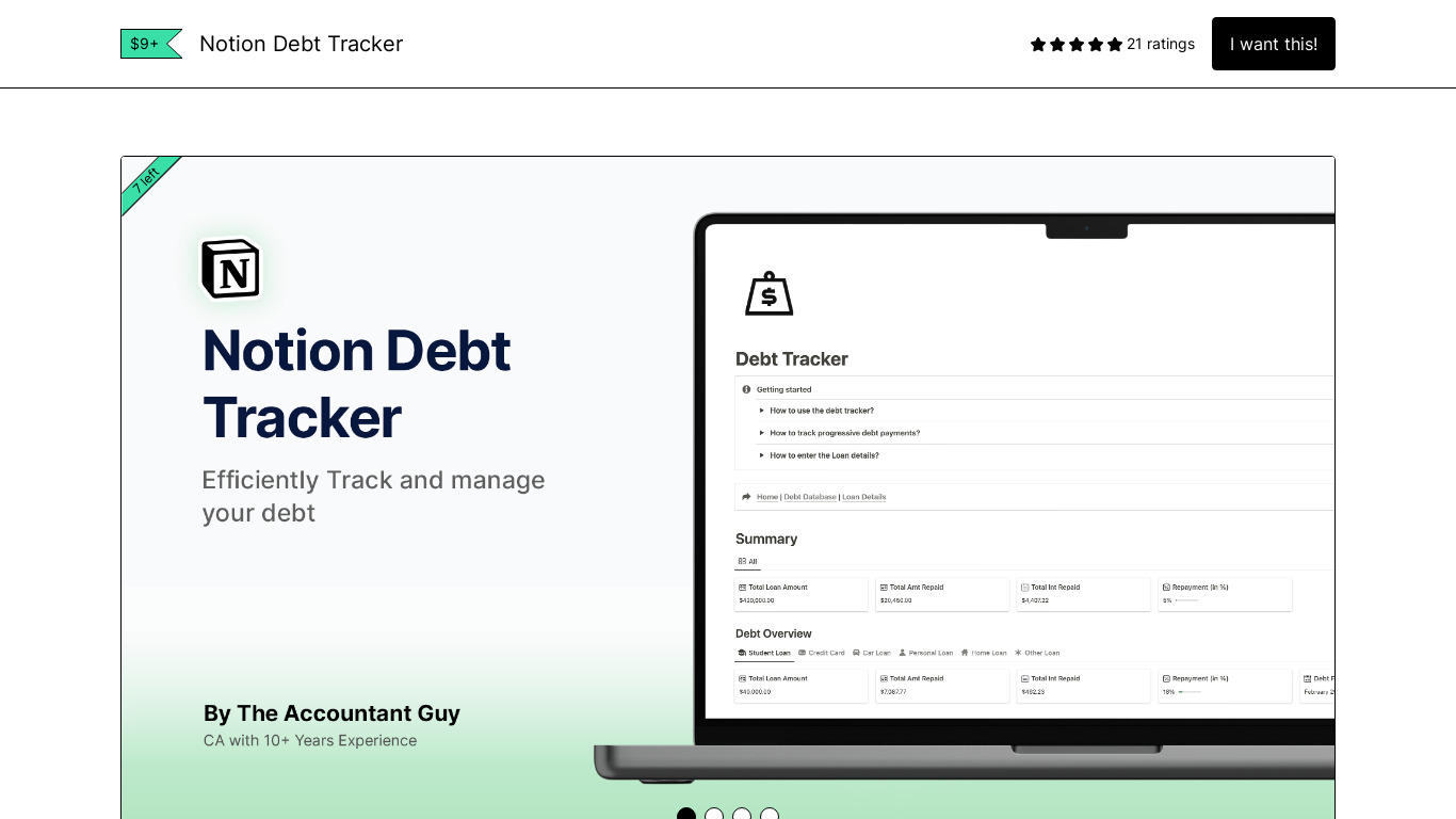 Notion Debt Tracker Landing page