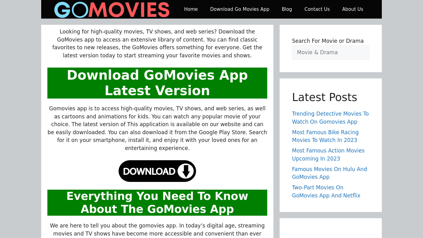 GoMovies App Landing page