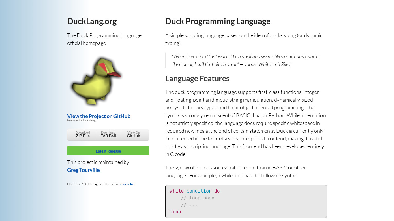 Duck Programming Language Landing page