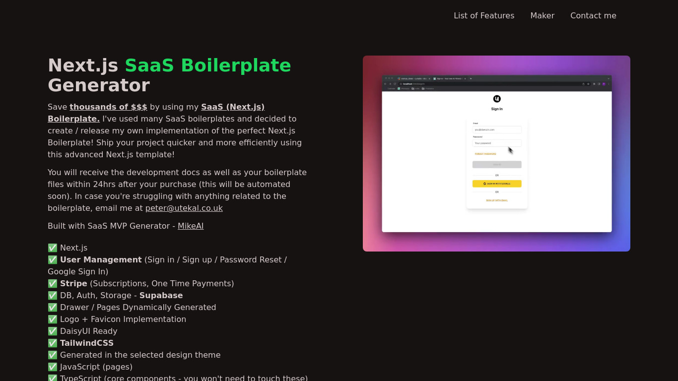 Next.js SaaS Boilerplate Generator Landing page