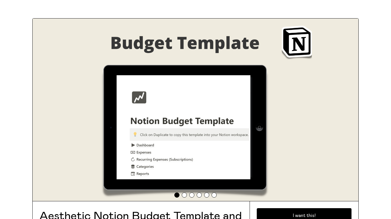 Notion Budget and Subscription Tracker Landing page