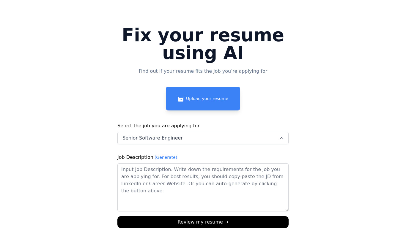 Fix My Resume Landing page