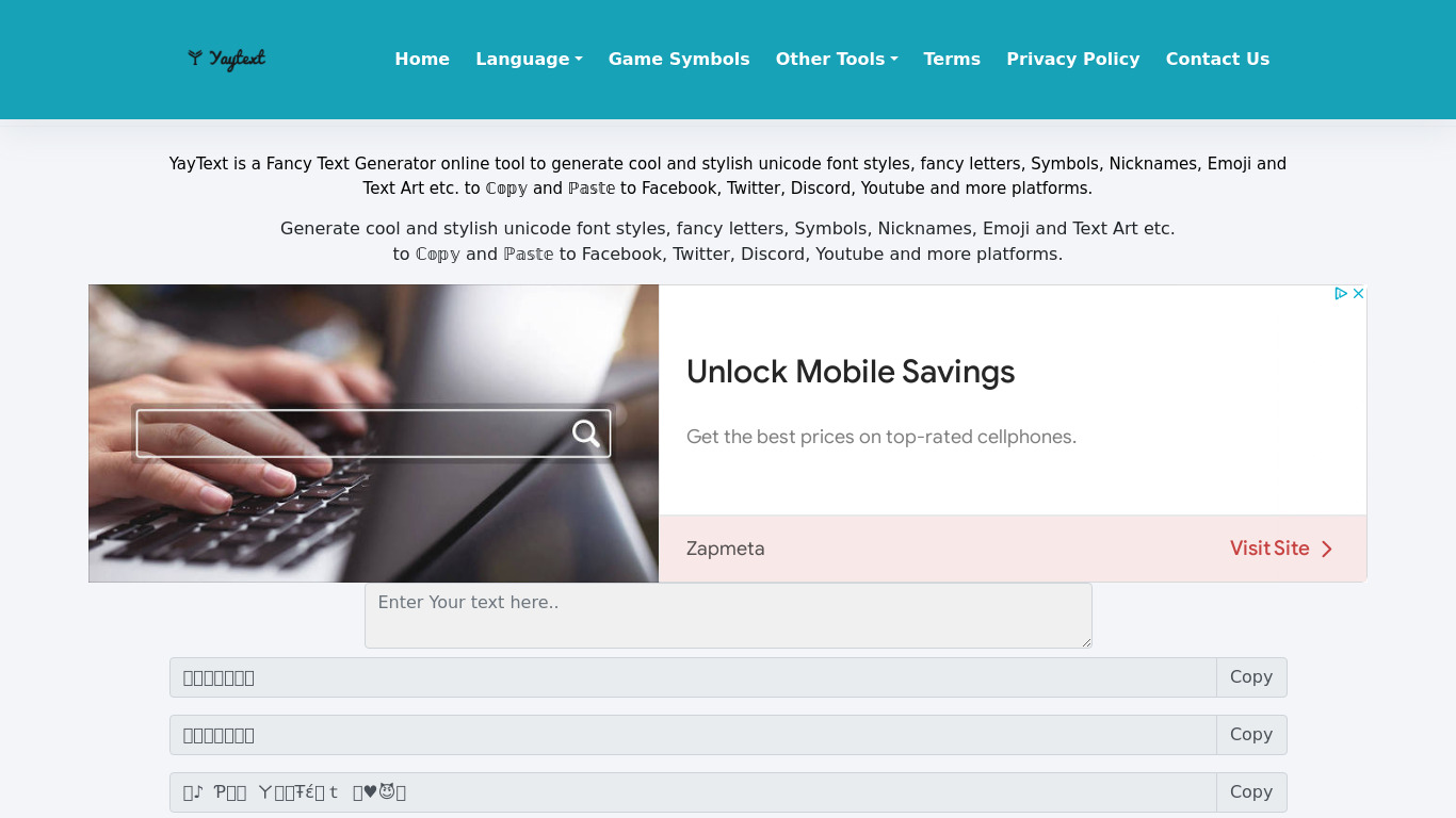 YayText - Fancy Text Generator Landing page