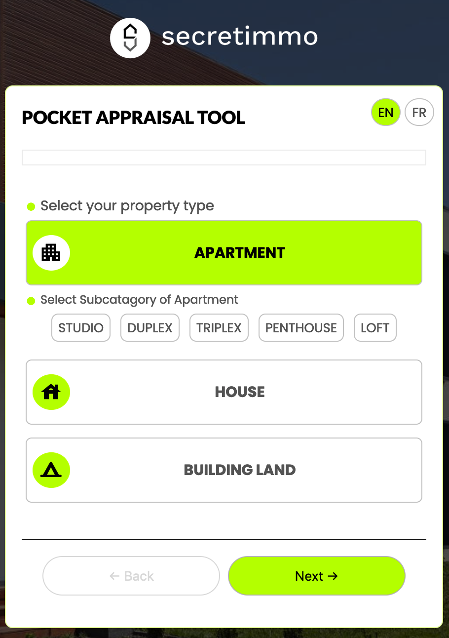 Secretimmo Property Appraisal Tool Landing page