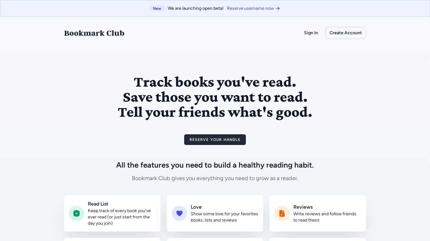 Bookmark Club Landing page