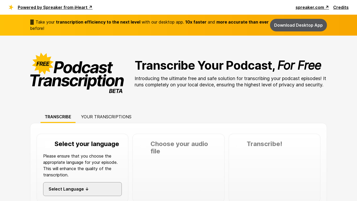Free Podcast Transcription Landing page