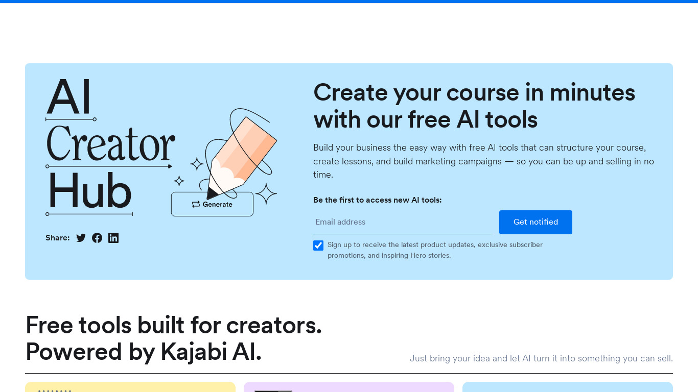 The AI Creator Hub Landing page