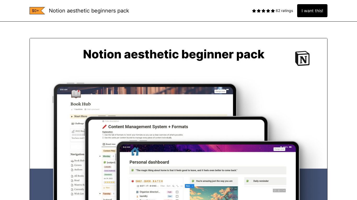 Notion aesthetic beginners pack Landing page