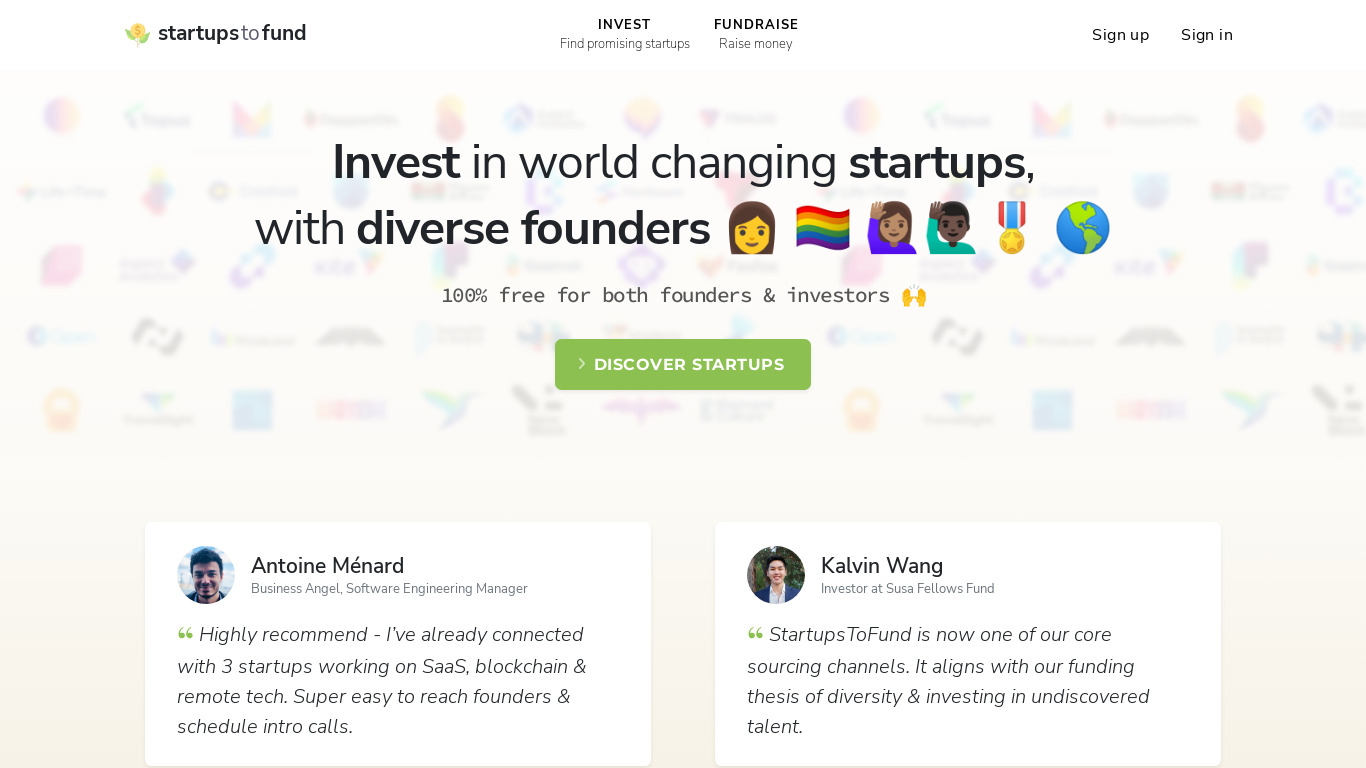 StartupsToFund Landing page