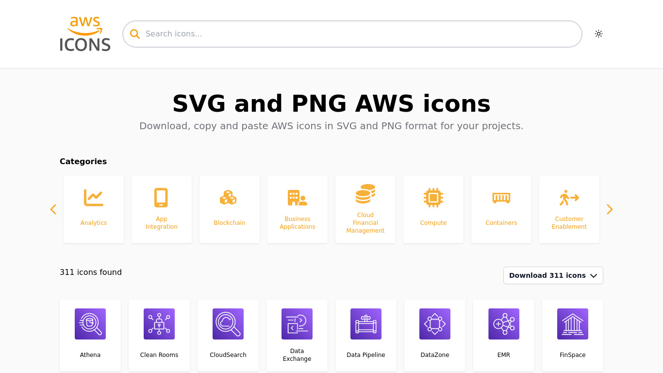 AWS icons Landing page