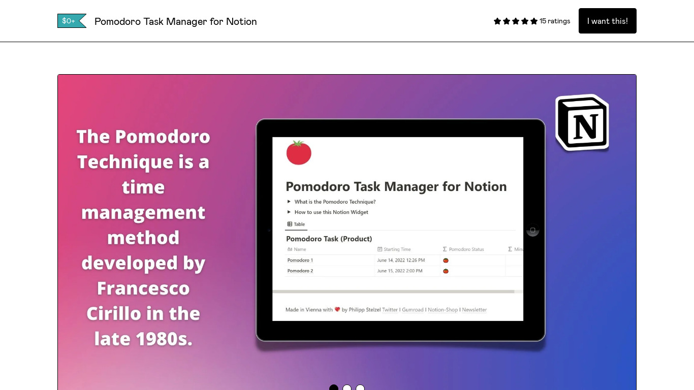 Pomodoro Task Manager for Notion Landing page