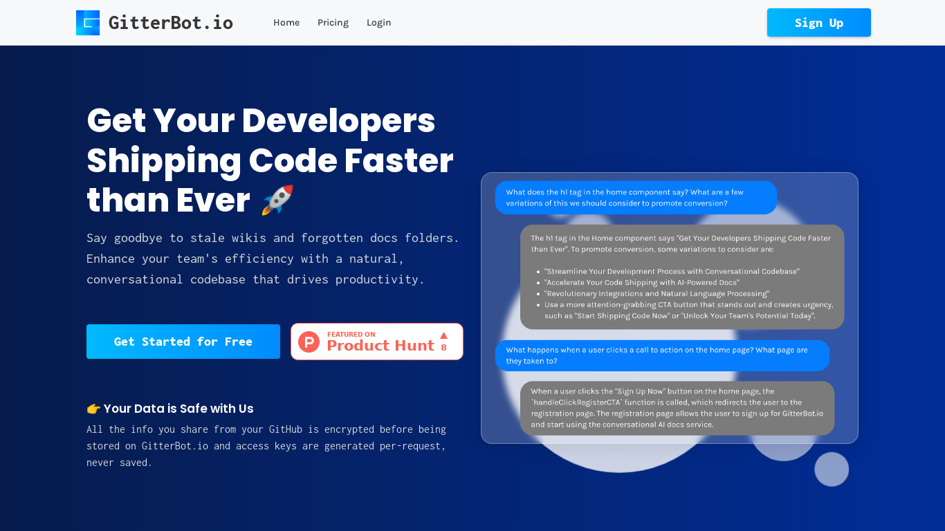 GitterBot.io | Conversational Docs Landing page