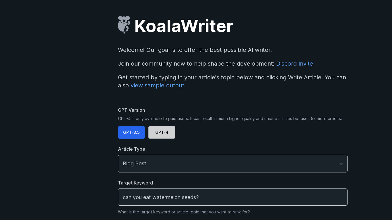 KoalaWriter Landing page