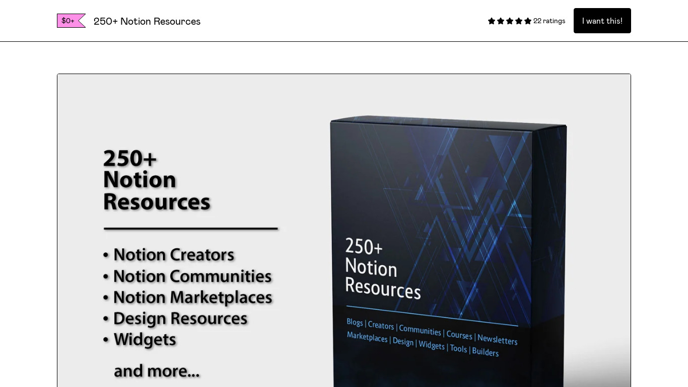 250+ Notion Resources Landing page