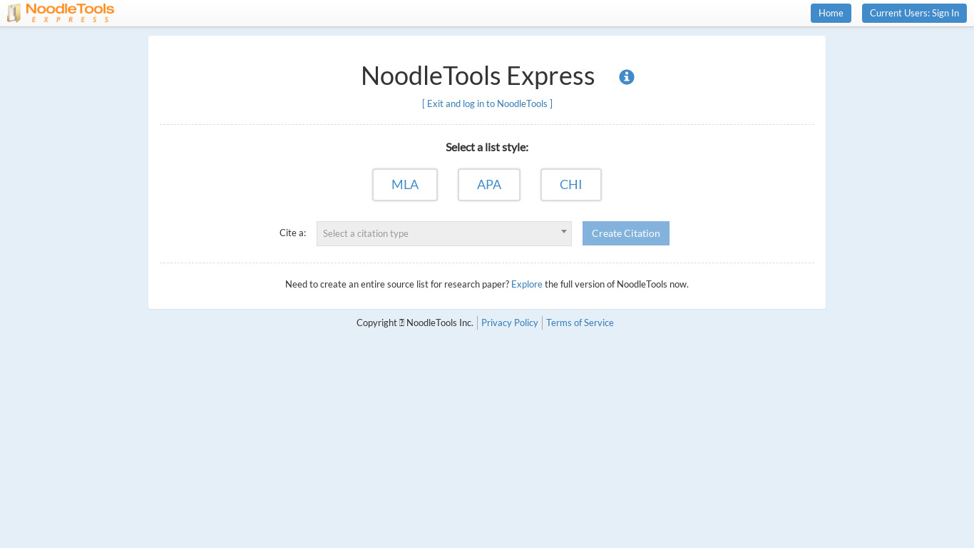 NoodleTools Express Landing page