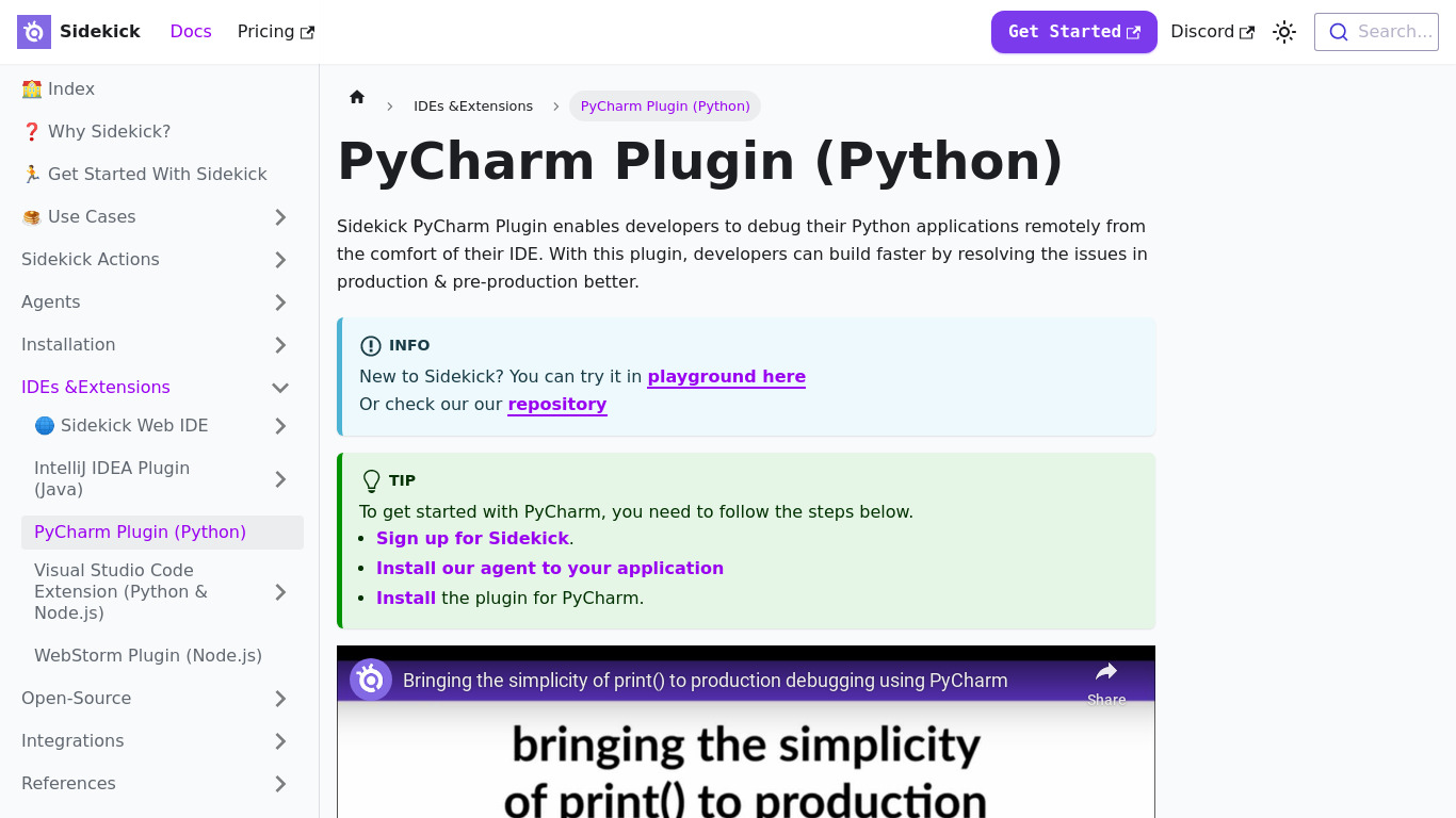 Sidekick PyCharm Plugin Landing page