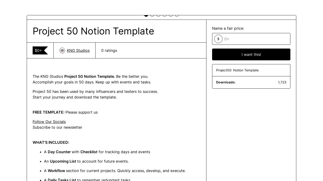 Project 50 Notion Template Landing page