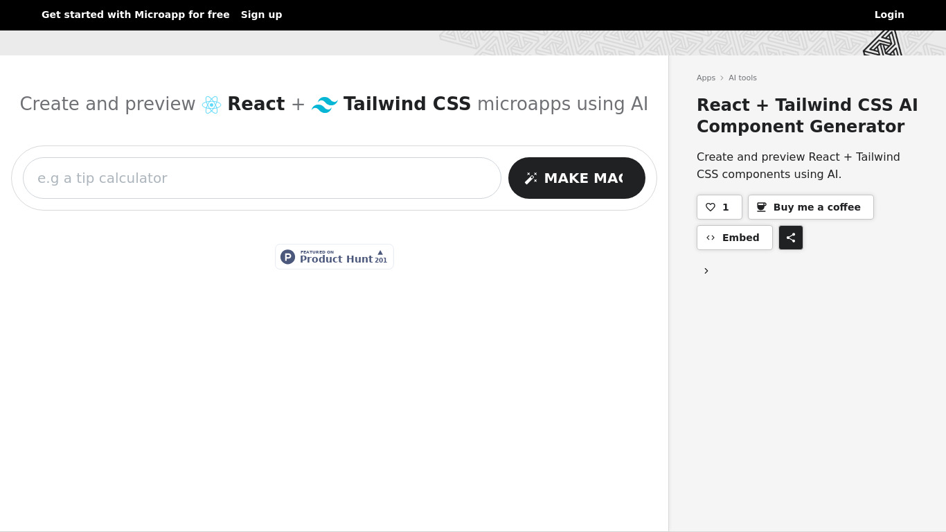 MicroApp - AI Component Generator Landing page
