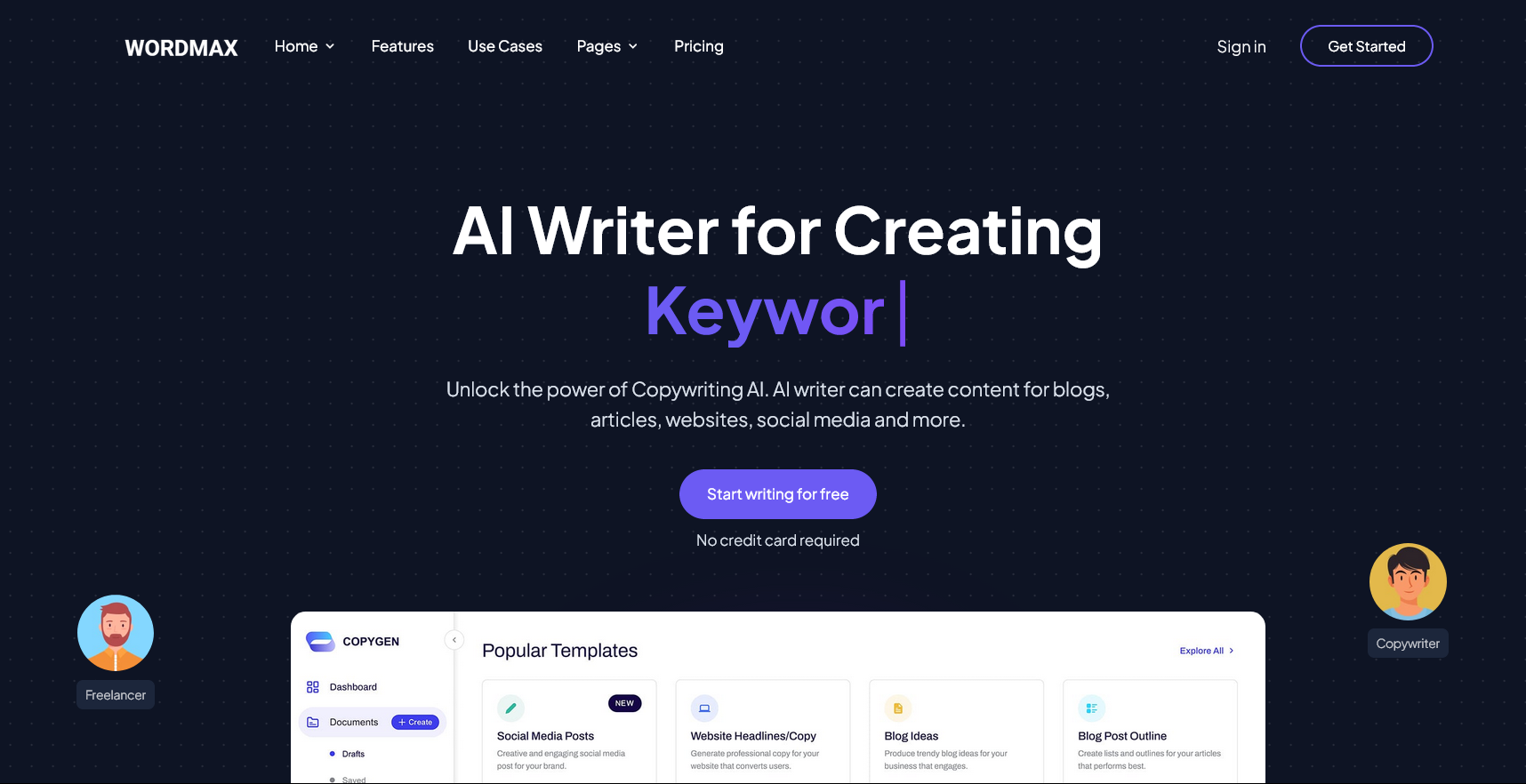 Wordmax AI Landing page