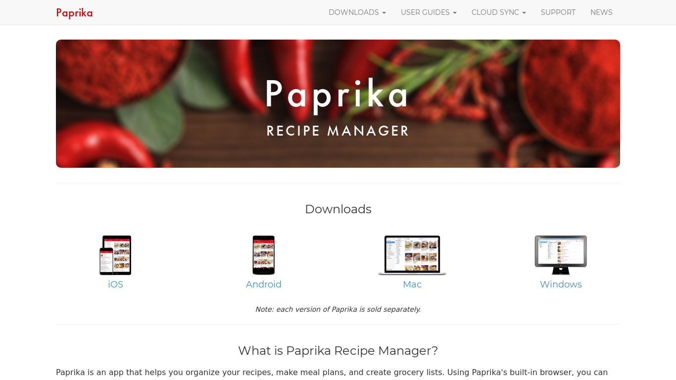 Paprika Recipe Manager Landing page