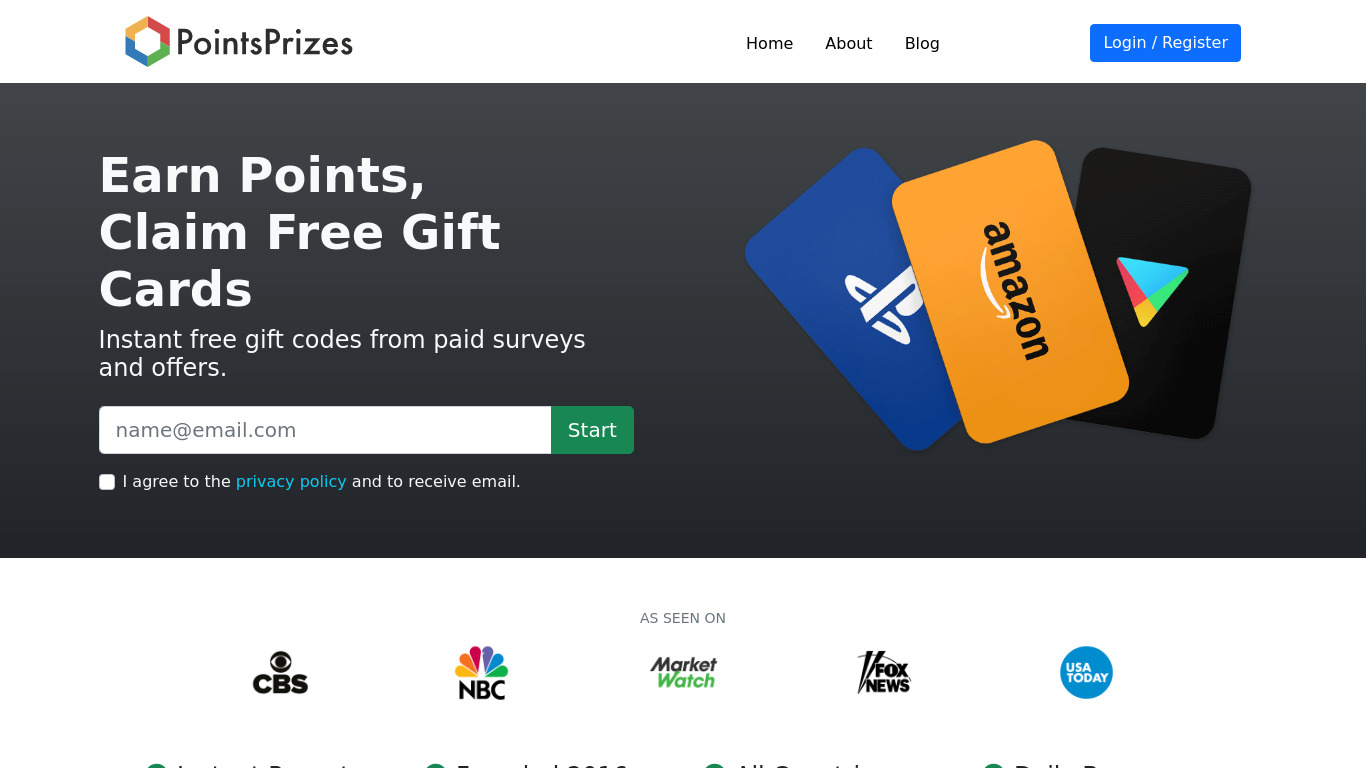 PointsPrizes Landing page