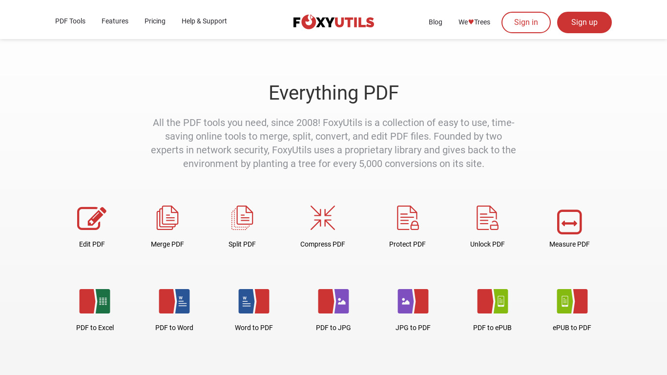 FoxyUtils Online PDF Tools Landing page