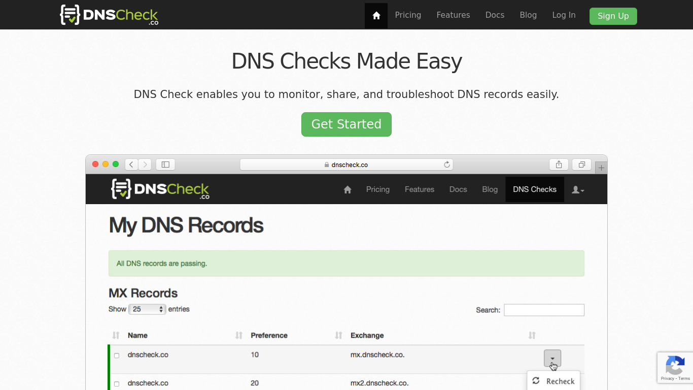 DNS Check Landing page