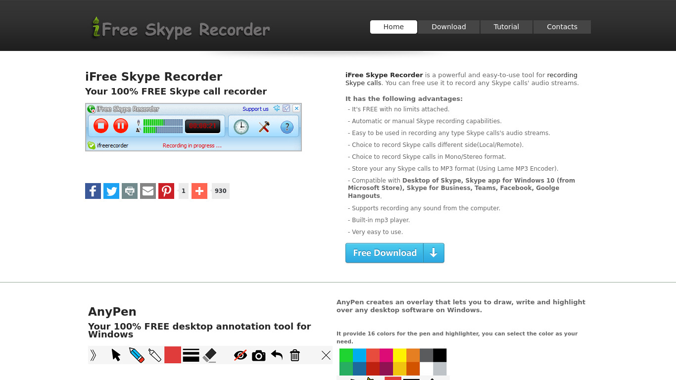 iFree Skype Recorder Landing page