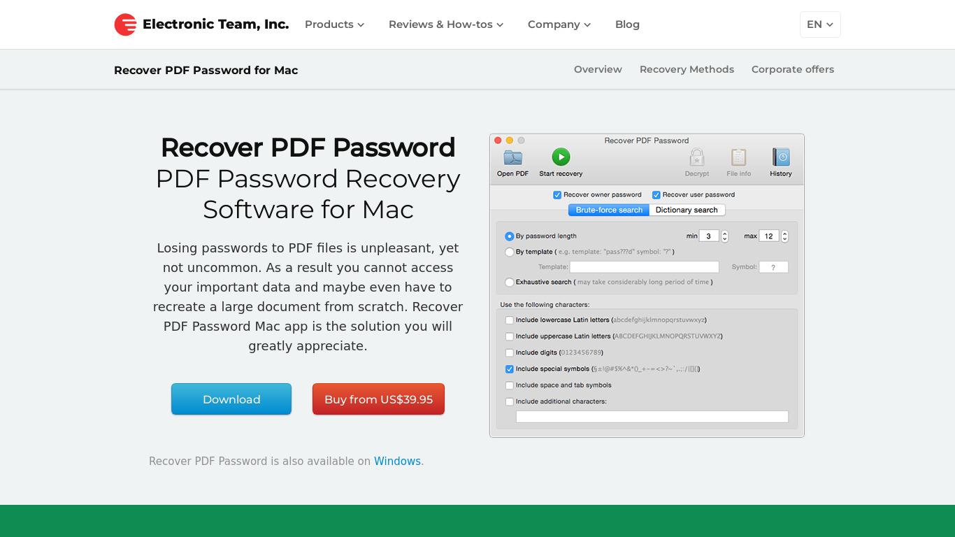 Recover PDF Password Landing page