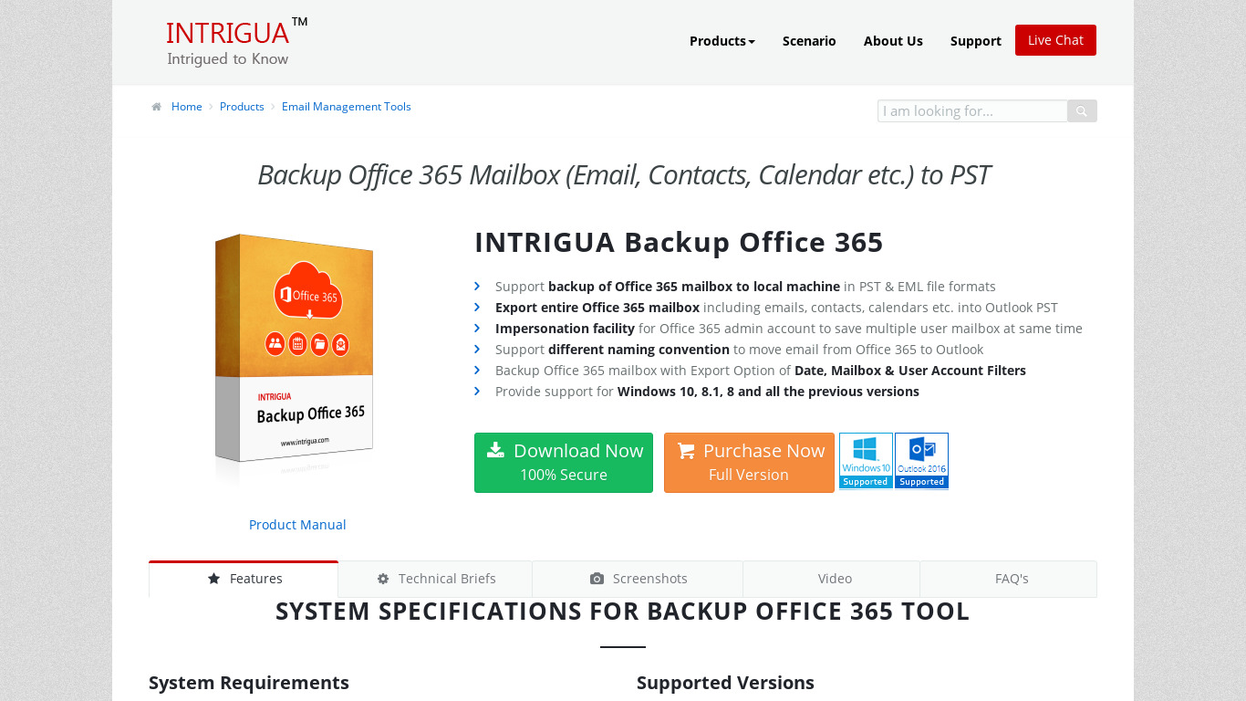 INTRIGUA Backup Office 365 Landing page