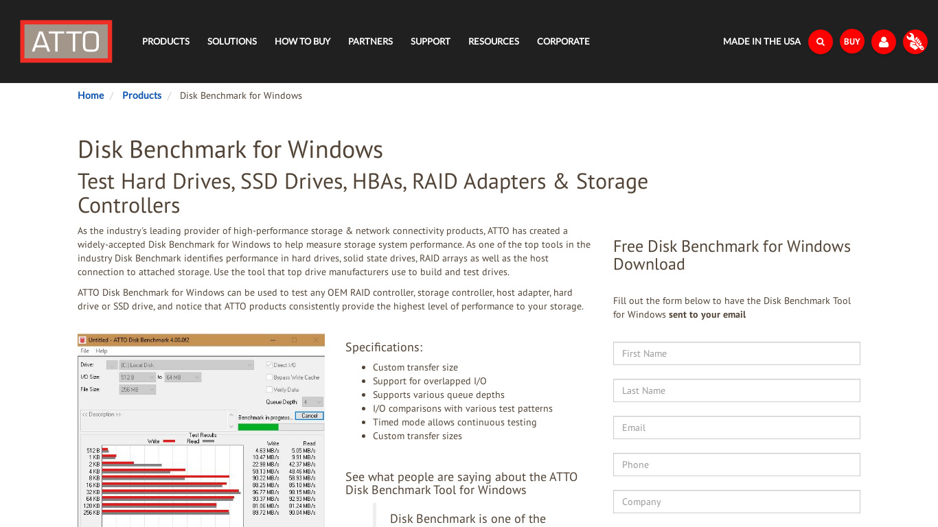 ATTO Disk Benchmark Landing page