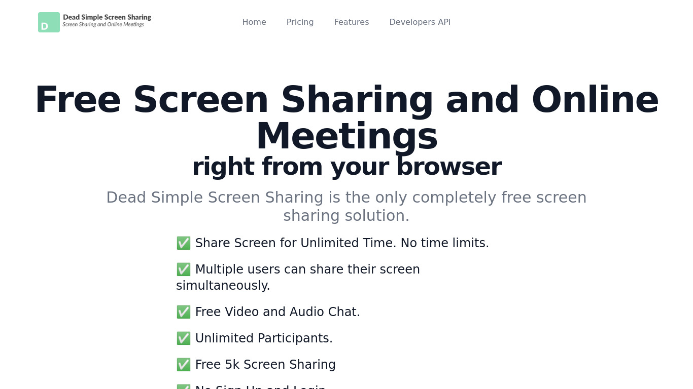Dead Simple Screen Sharing Landing page