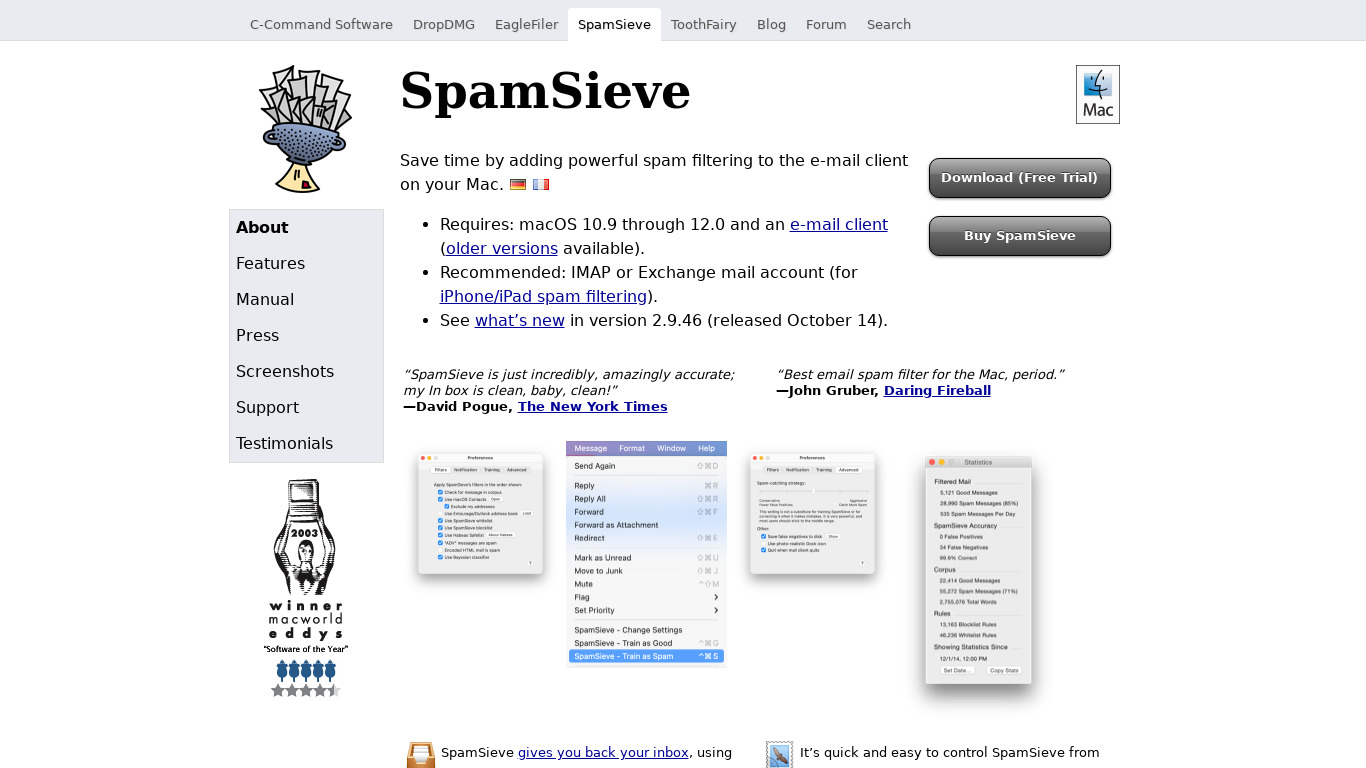 SpamSieve Landing page