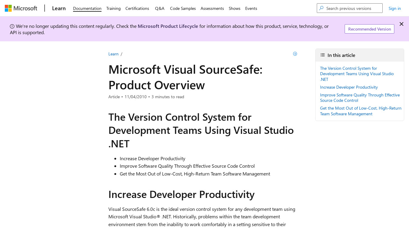Microsoft Visual SourceSafe Landing page