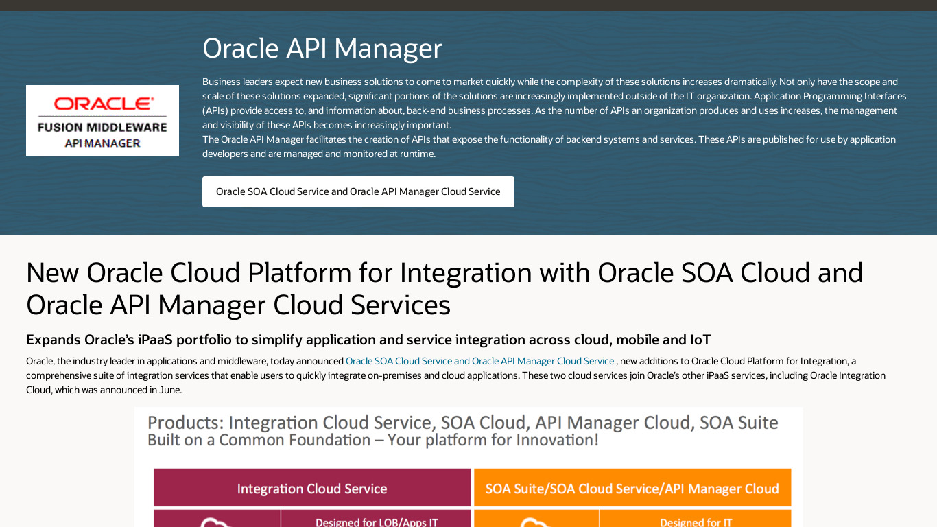 Oracle API Manager Landing page