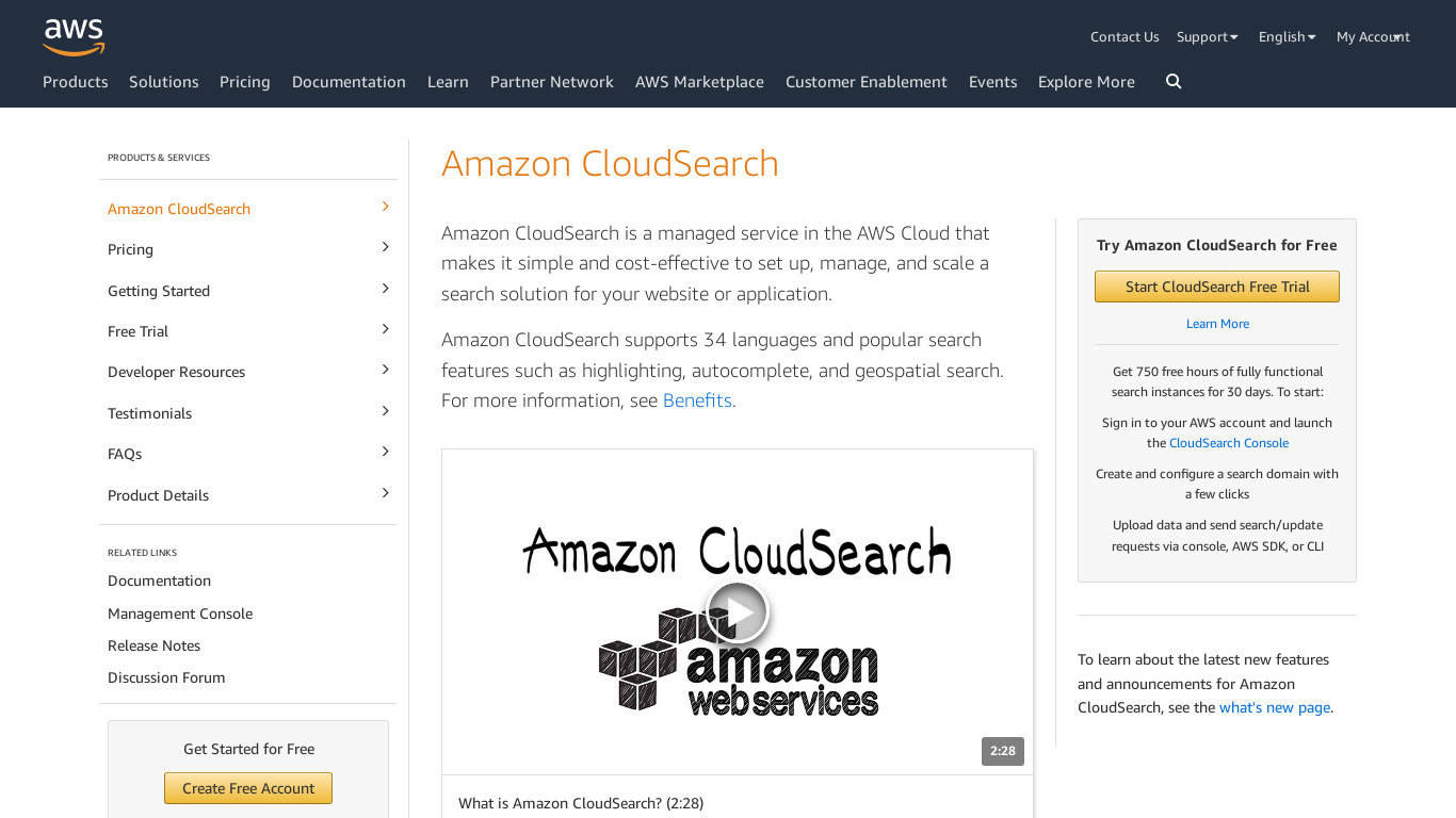 Amazon CloudSearch Landing page