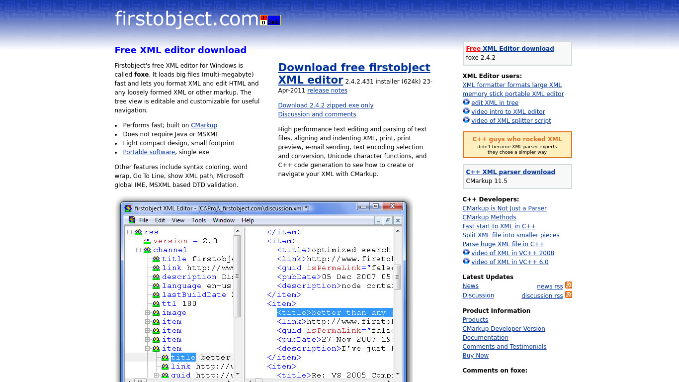 Firstobject XML Editor Landing page