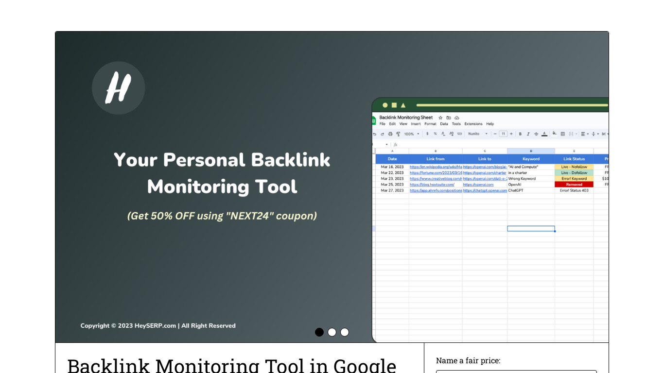 Backlink Monitoring in Google Sheets Landing page