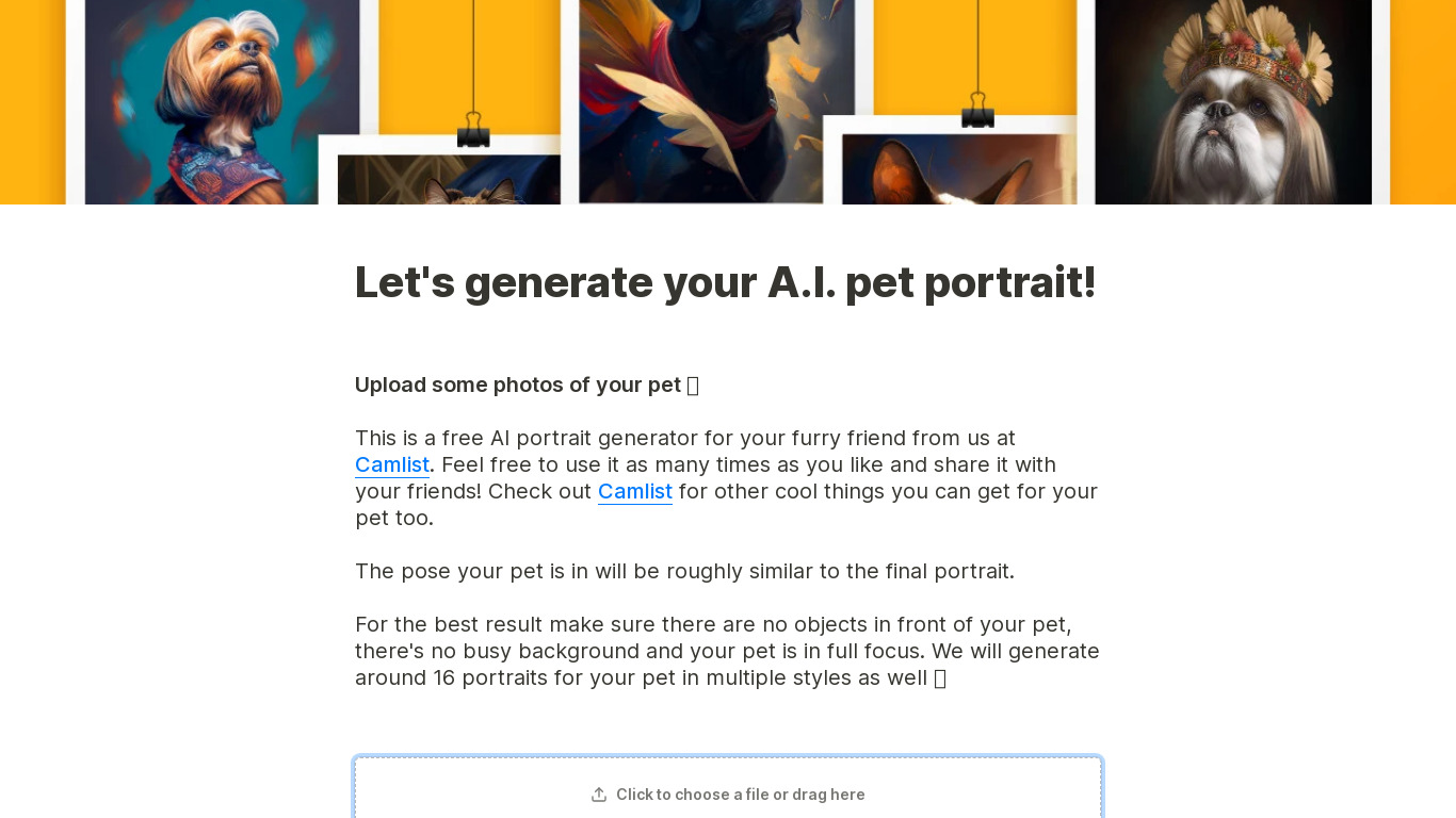 AI Pet Portraits Landing page
