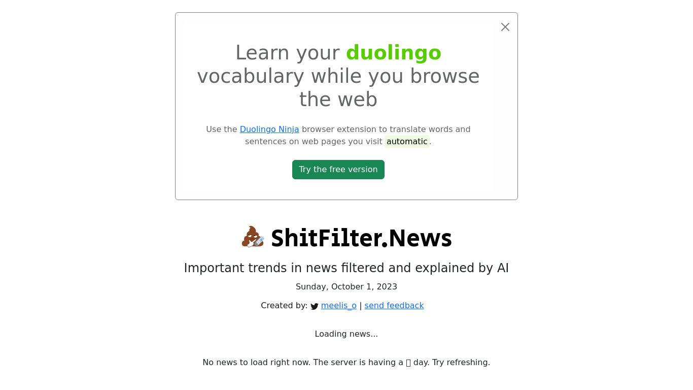 ShitFilter.News Landing page