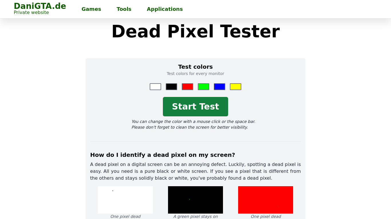 DaniGTA.de Dead Pixel Tester Landing page