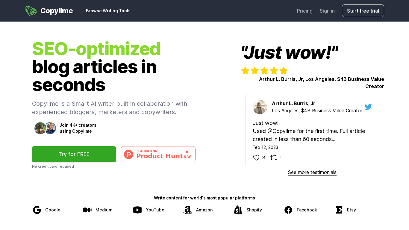Copylime Landing page