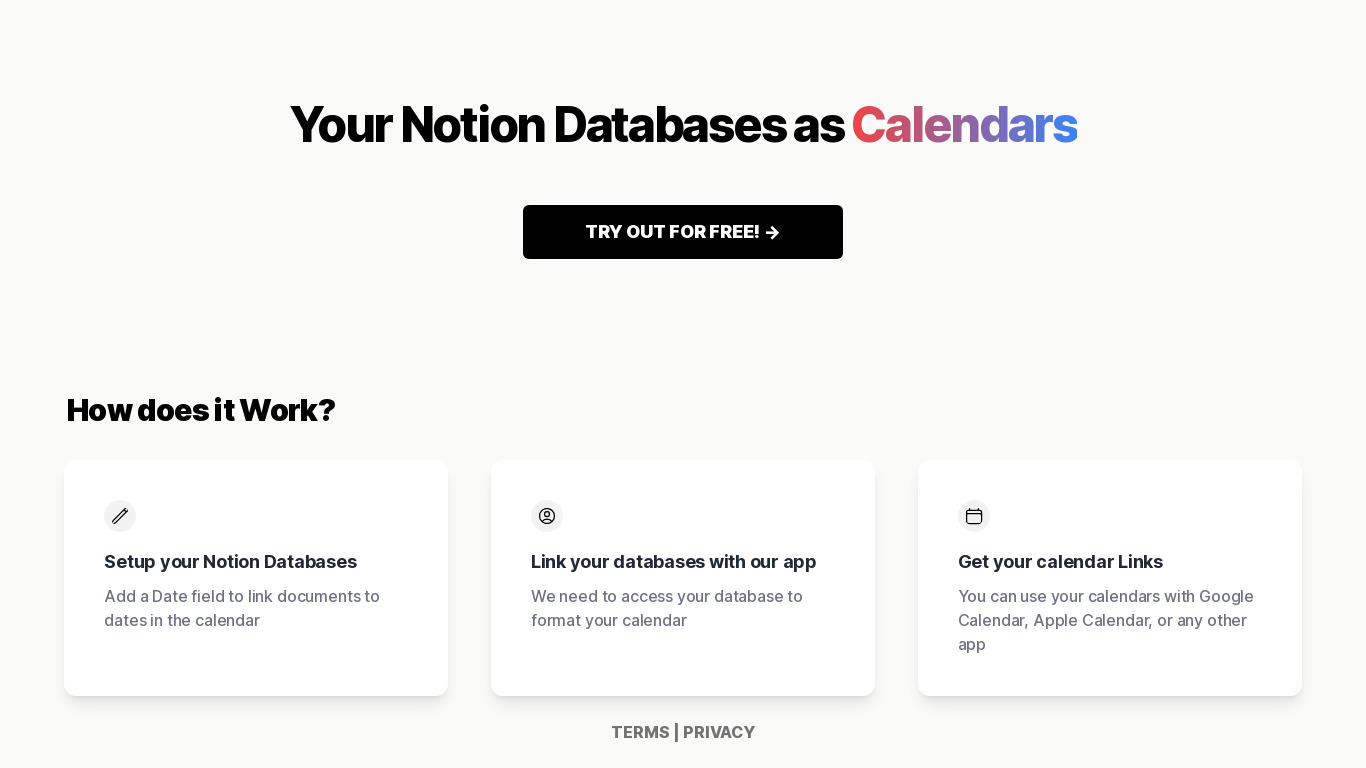 Notion to Calendar Landing page